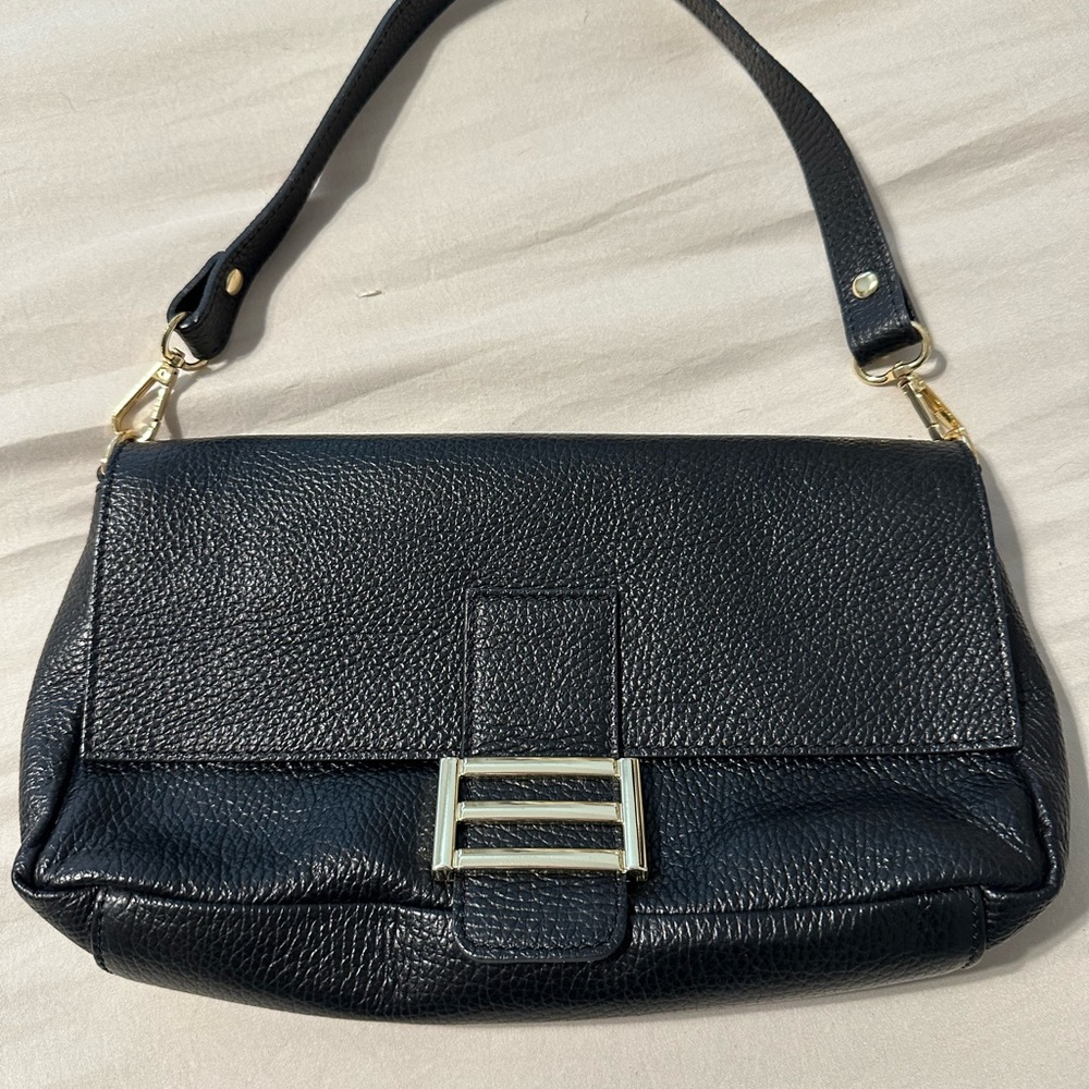 Black Shoulder Bag with Textured Leather and Removable Strap
